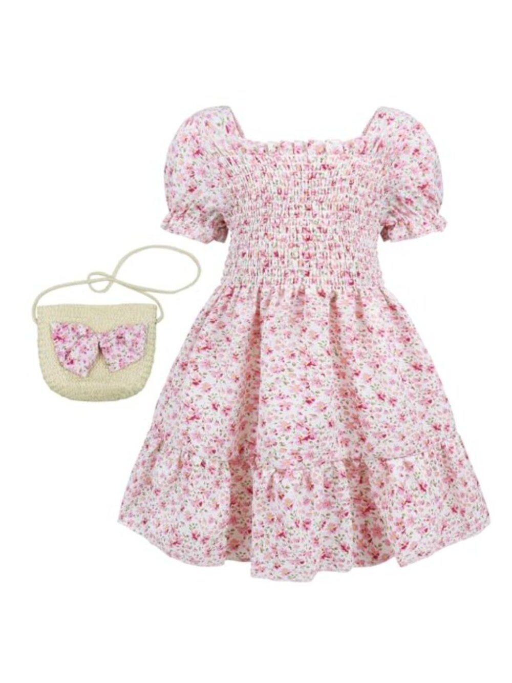 Toddler Girls Boho Floral Puff Sleeve Smocked Casual Summer Dress with Bag